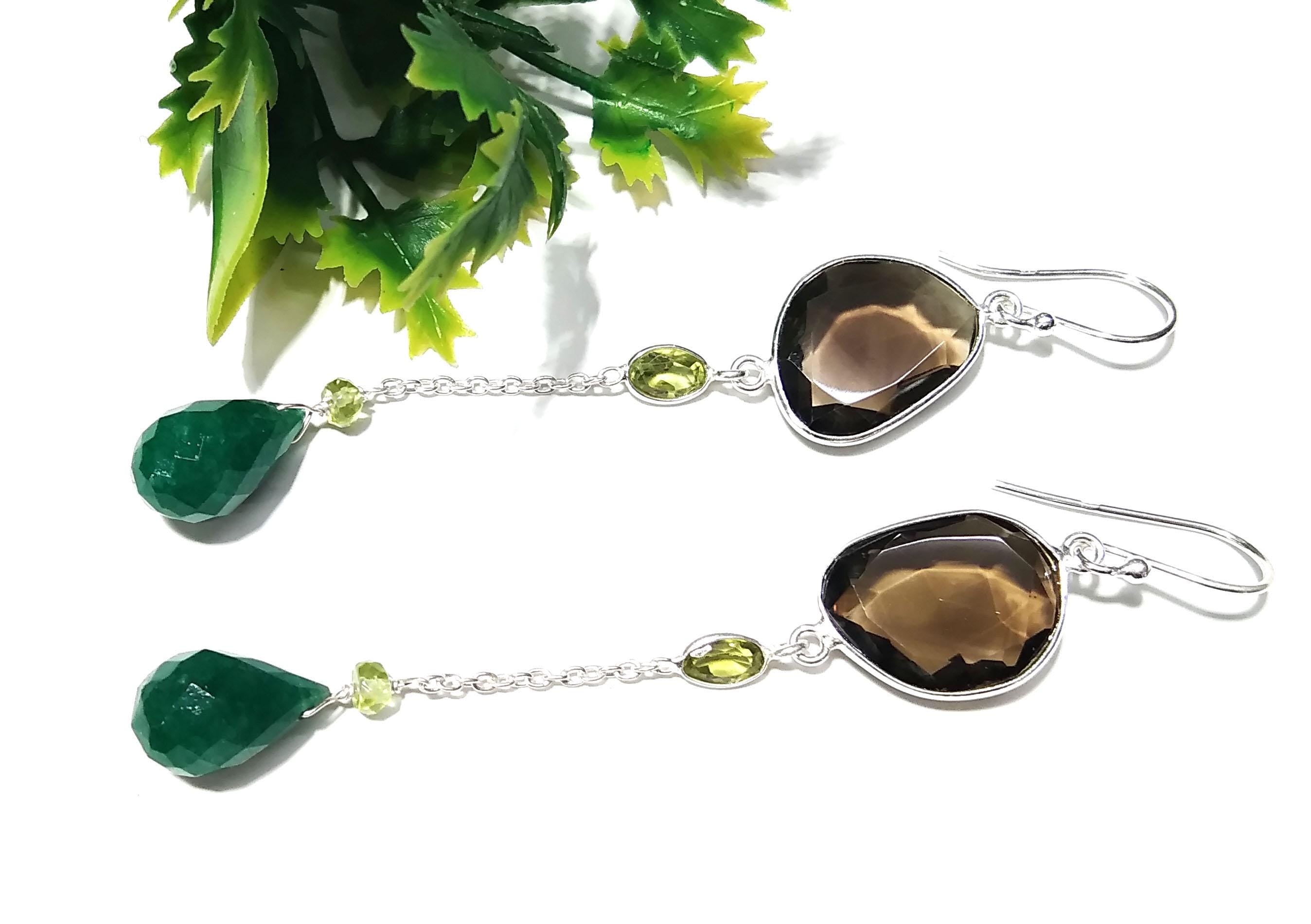 Solid 925 Starling Silver Earrings, Natural Green Jade, Peridot & Smoky Quartz Gemstone Earring, Handmade Earring Jewelry Gift For Women